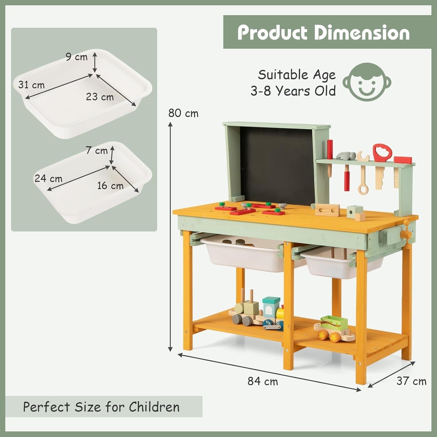 Wooden Kids Workbench Tool Set w/ Chalkboard Baskets Storage Pretend Play