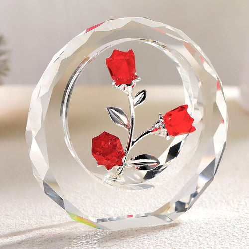 Red Crystal Rose Bouquet Ornament • Glass Flower Figurine Romantic Gift