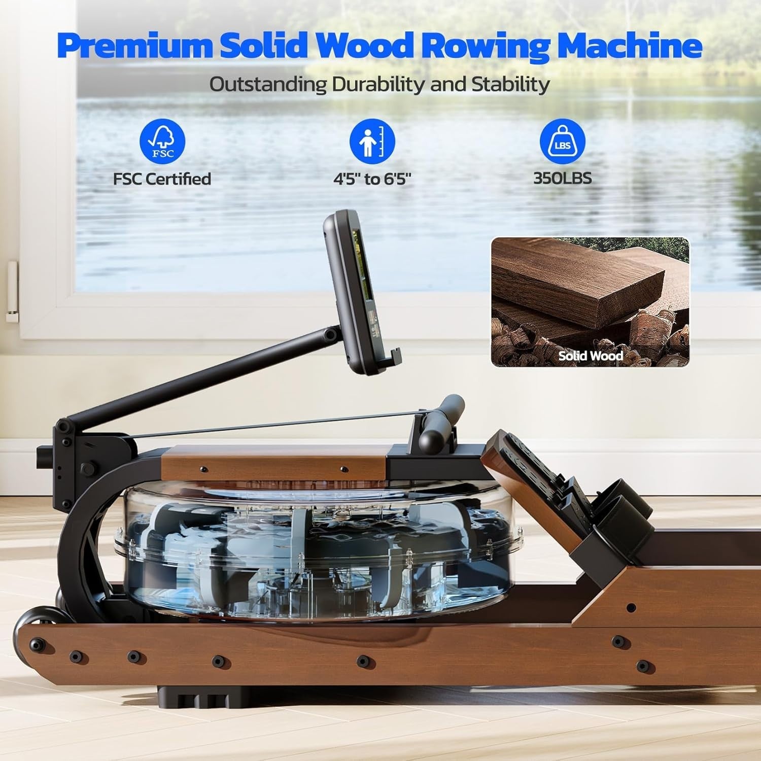 Foldable Oak Wood Water Rowing Machine Bluetooth LCD Home Rower 400LB