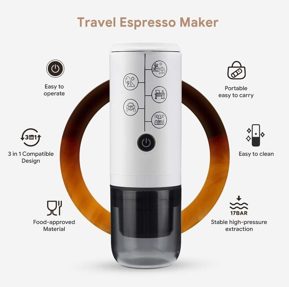 3in1 Portable Espresso Maker Travel Coffee Machine 17Bar Pod & Ground USB