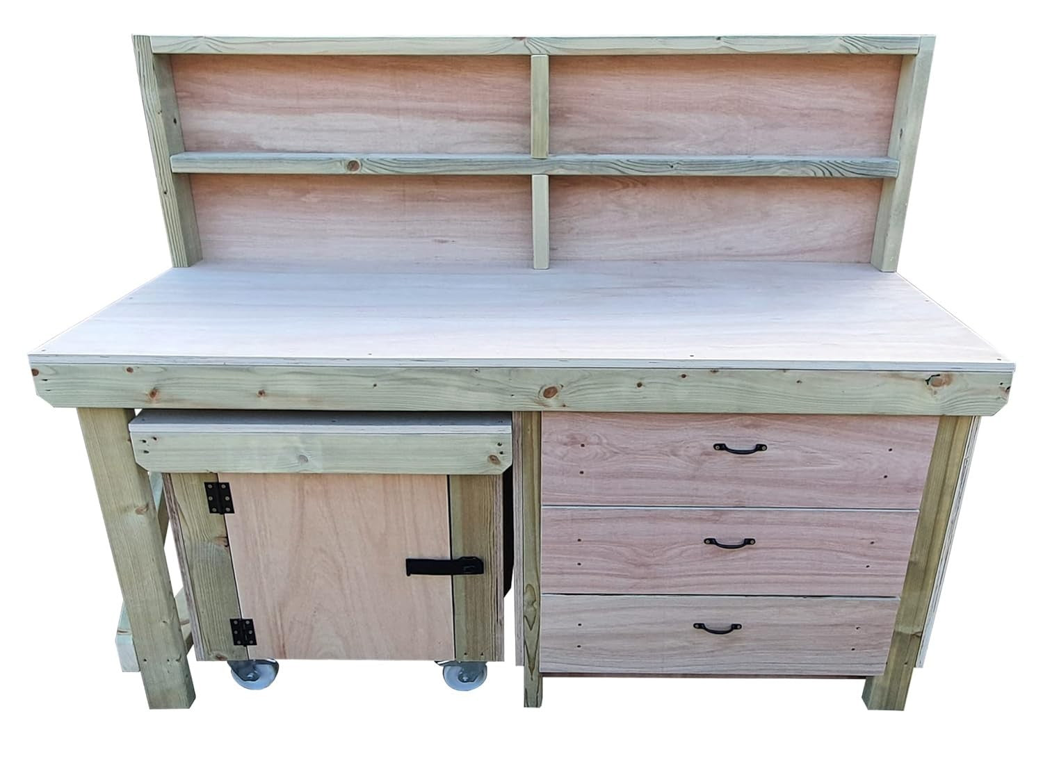 6ft Heavy Duty Wooden Workbench w/ Drawers, Lockable Cupboard & Back Panel
