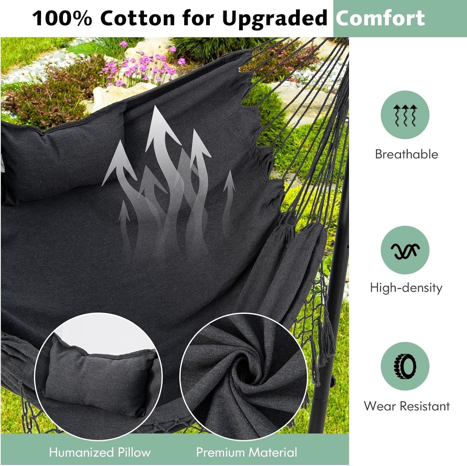Adjustable Patio Hammock Chair with Stand & Phone Holder Soft Cotton Swing