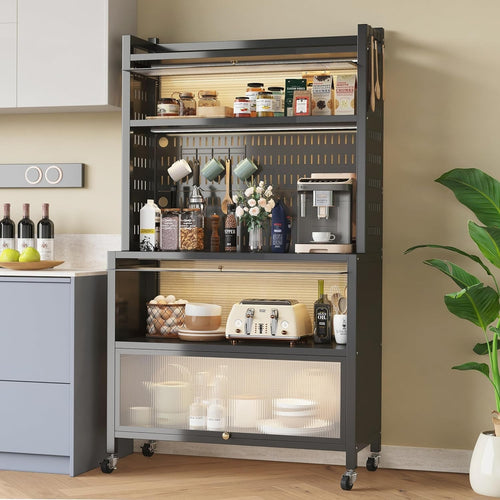 80x36x162cm Black 5-Tier Kitchen Baker's Rack with Flip Doors & Wheels