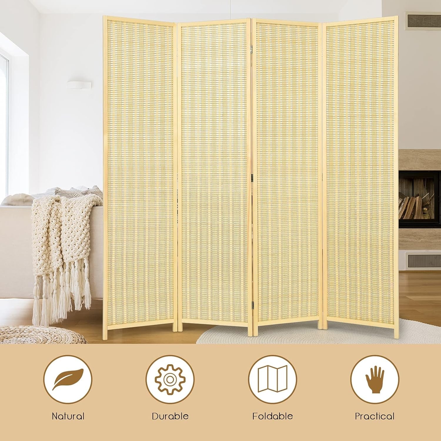 4 Panel Bamboo Folding Room Divider Natural Privacy Screen for Bedroom Office