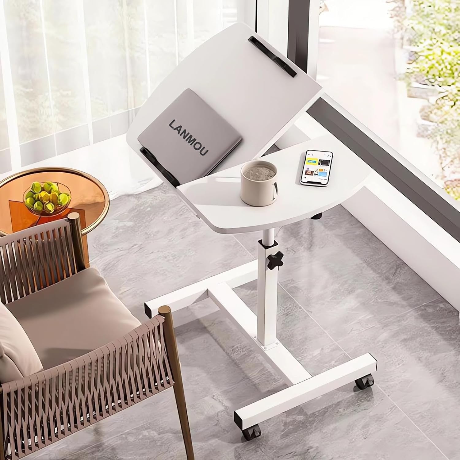 White Adjustable Side Table with Wheels C Shape Sofa Laptop Desk 360° Rotate
