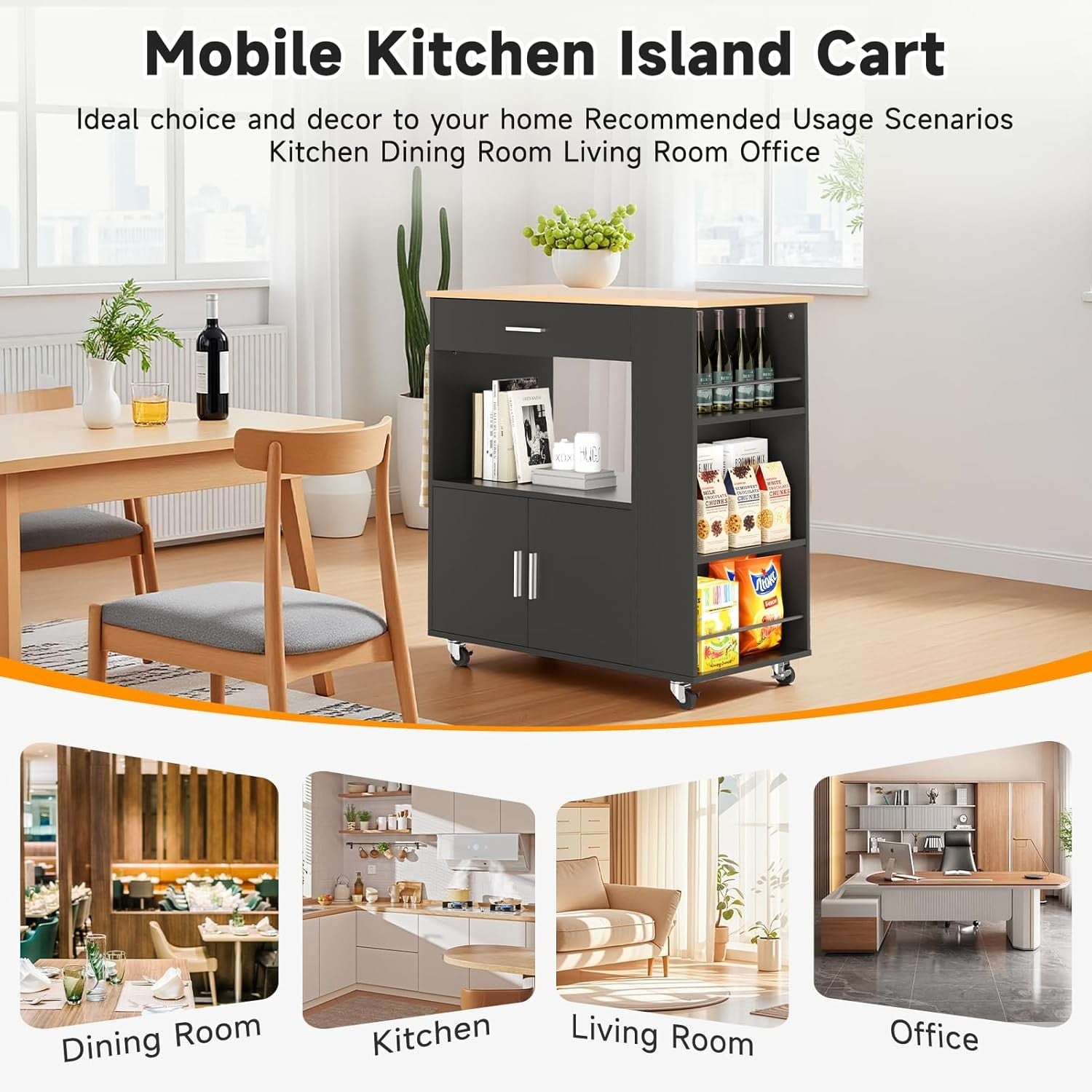 Kitchen Island Trolley on Wheels Storage Cabinet Bar Cart Worktop