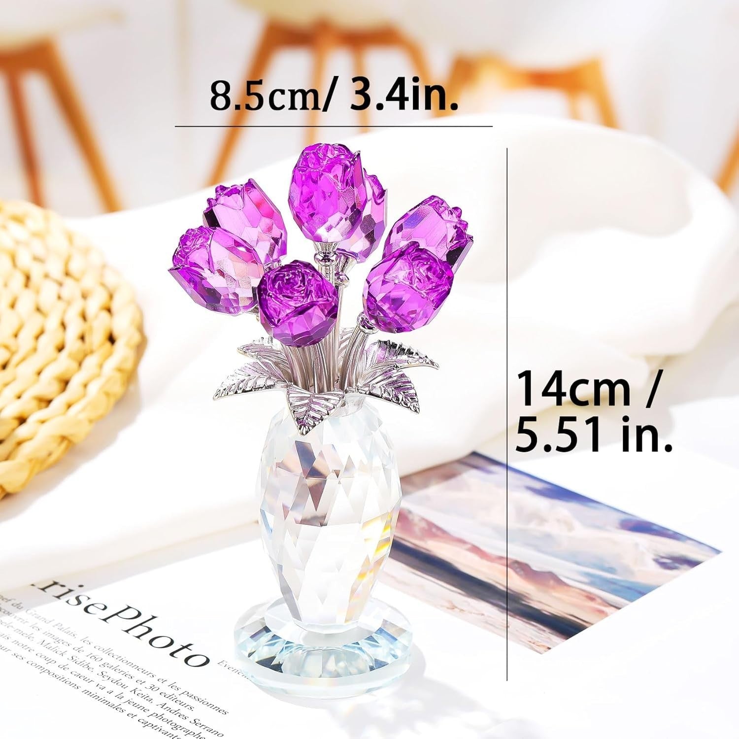 Purple Crystal Rose Bouquet Ornament Glass Flower Figurine Gift for Mum Wife
