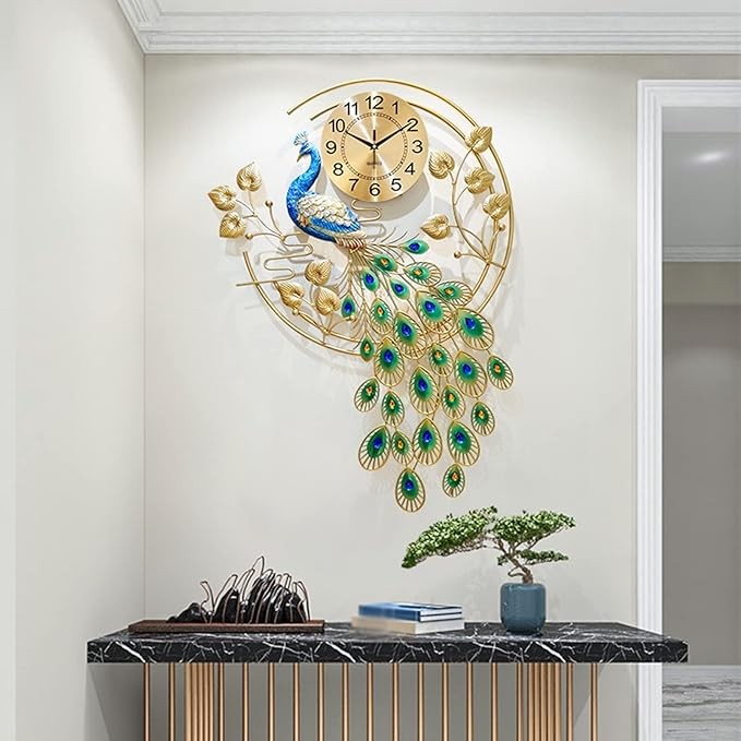Luxury Peacock Wall Clock 156cm Metal Art Silent Modern Large Home Decor