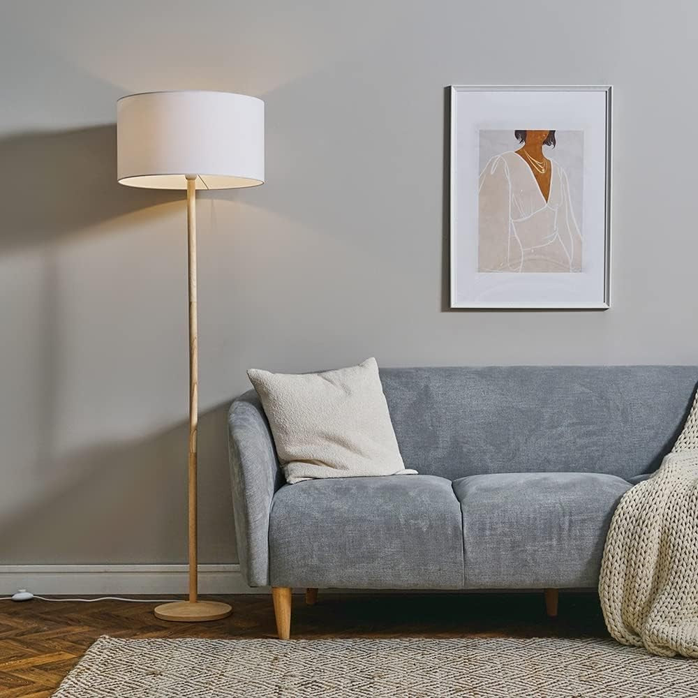 Natural Wood Floor Lamp with White Drum Shade Modern Standing Light Home