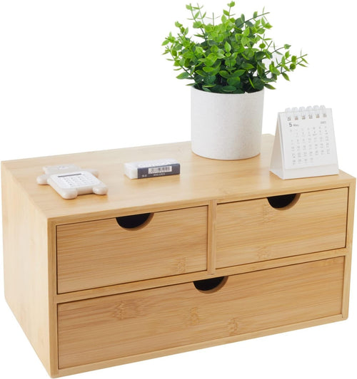 Bamboo Desk Organizer 3 Drawers Makeup Storage Box Tabletop Office