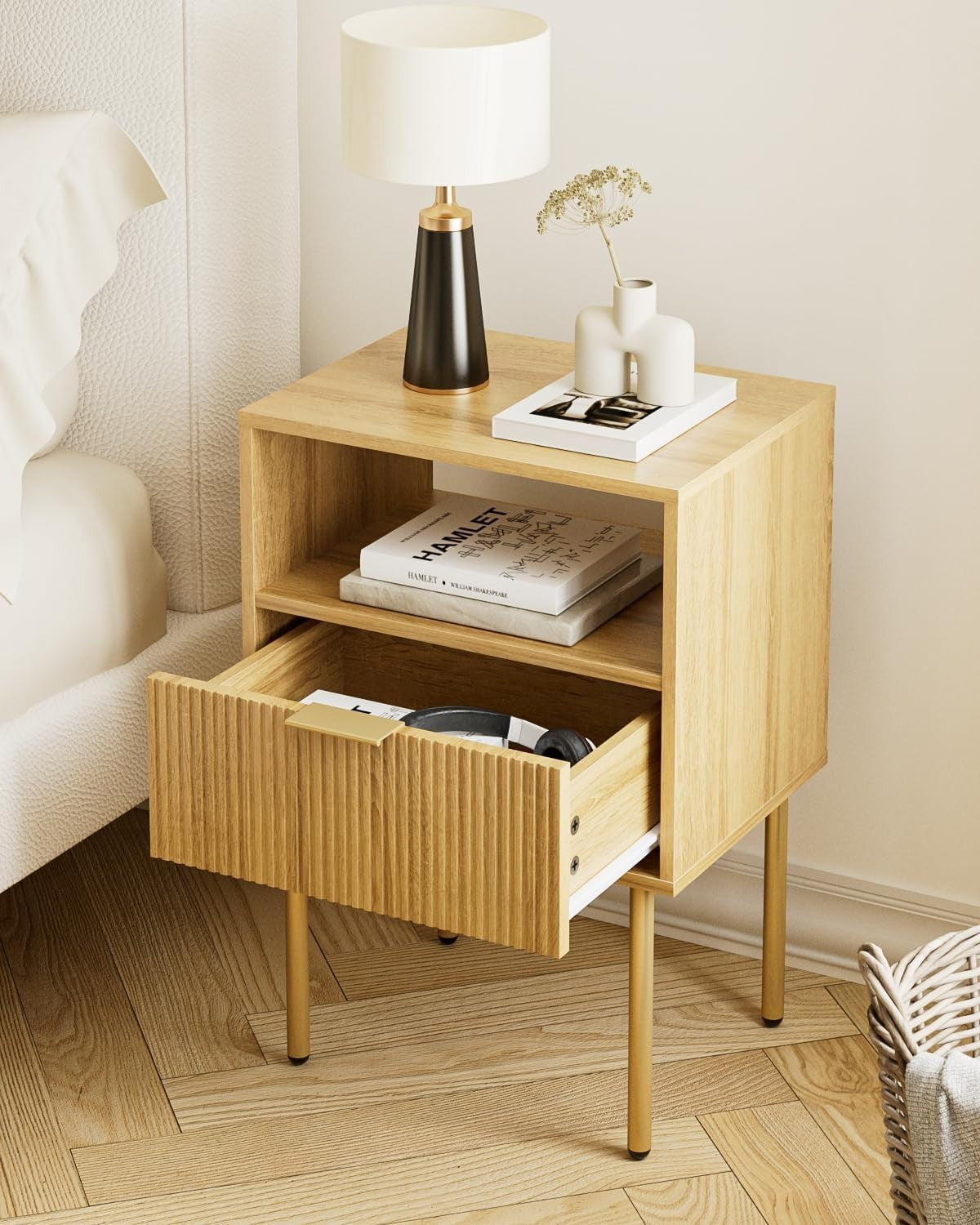 Oak Bedside Table with Drawer & Open Shelf | Modern Wooden Nightstand