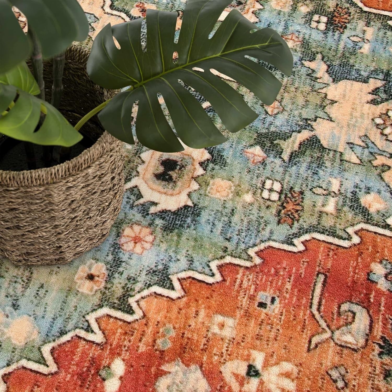 Vintage Area Rug 90x150cm Washable Non Slip Short Pile Living Room Bedroom