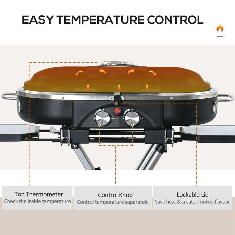 2 Burner Foldable Gas BBQ Grill w/ Thermometer, Shelves & Wheels Portable