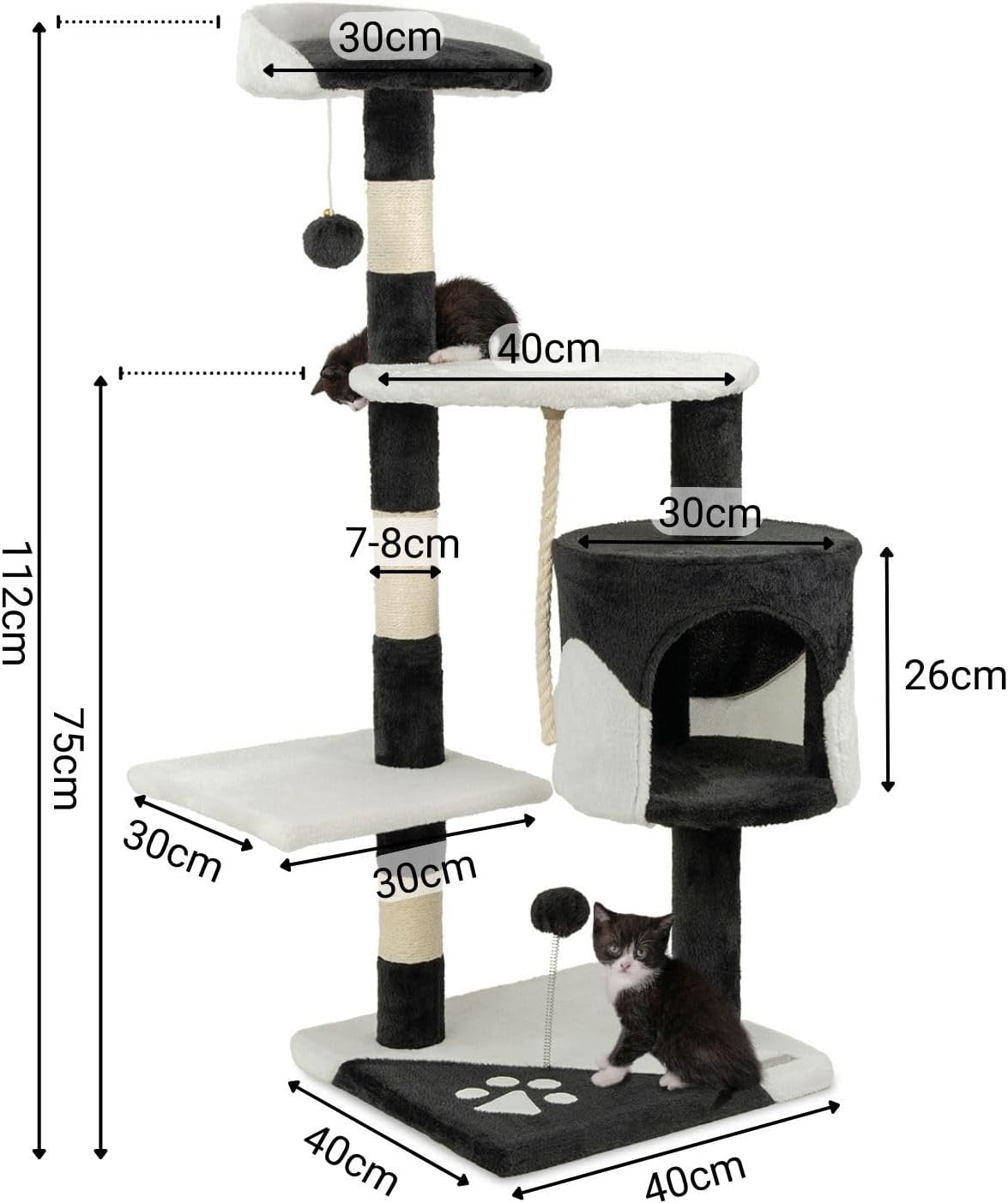 Cat Tree Scratching Post Tower 112cm with Condo Sisal Rope Black White