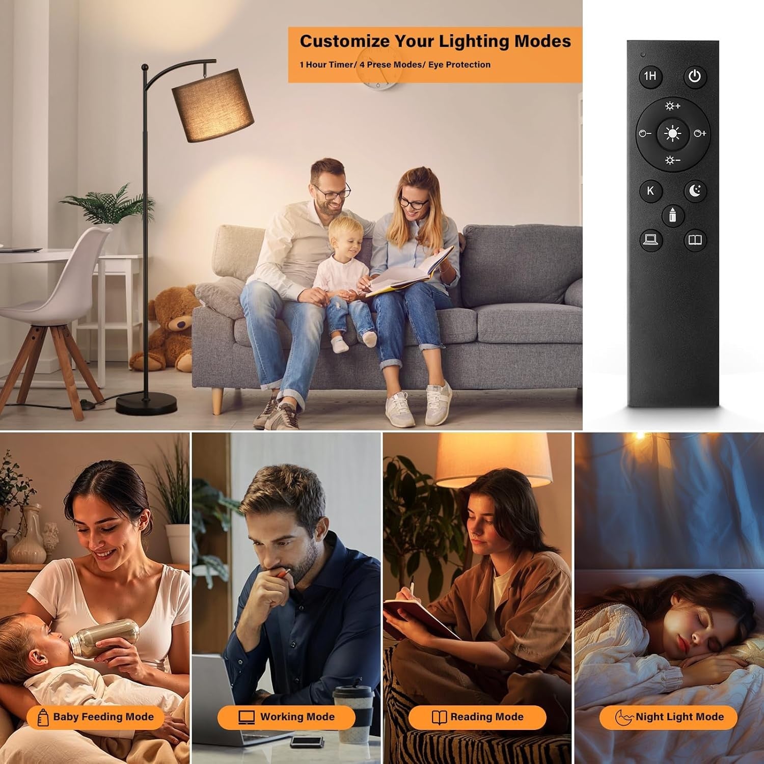 Black Arc Floor Lamp Dimmable LED Remote Control Modern Standing Light