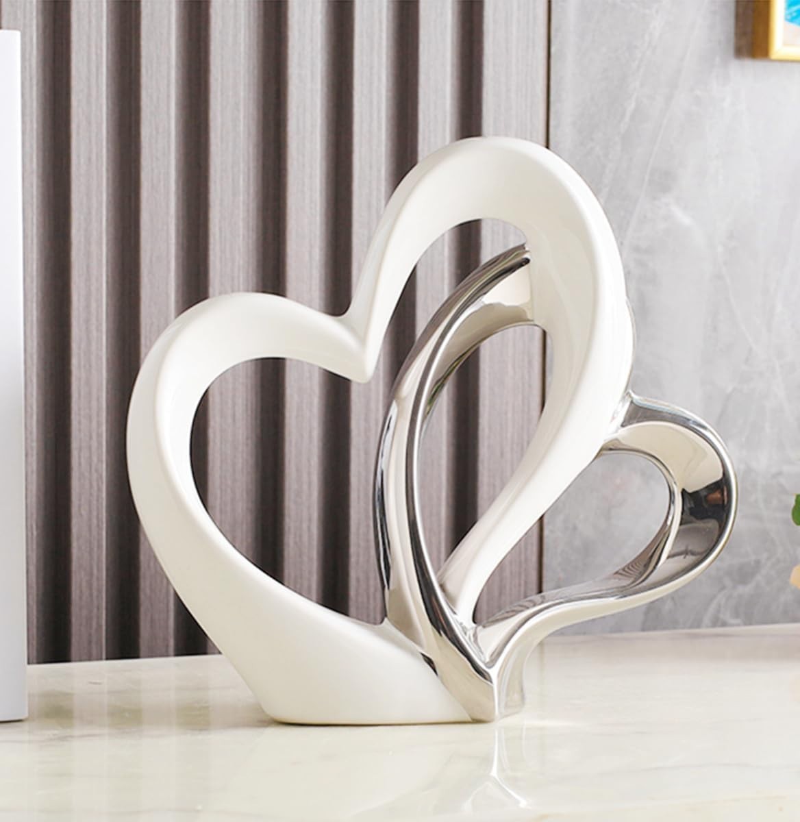 White Silver Double Heart Ceramic Ornament Modern Romantic Home Decor Sculpture