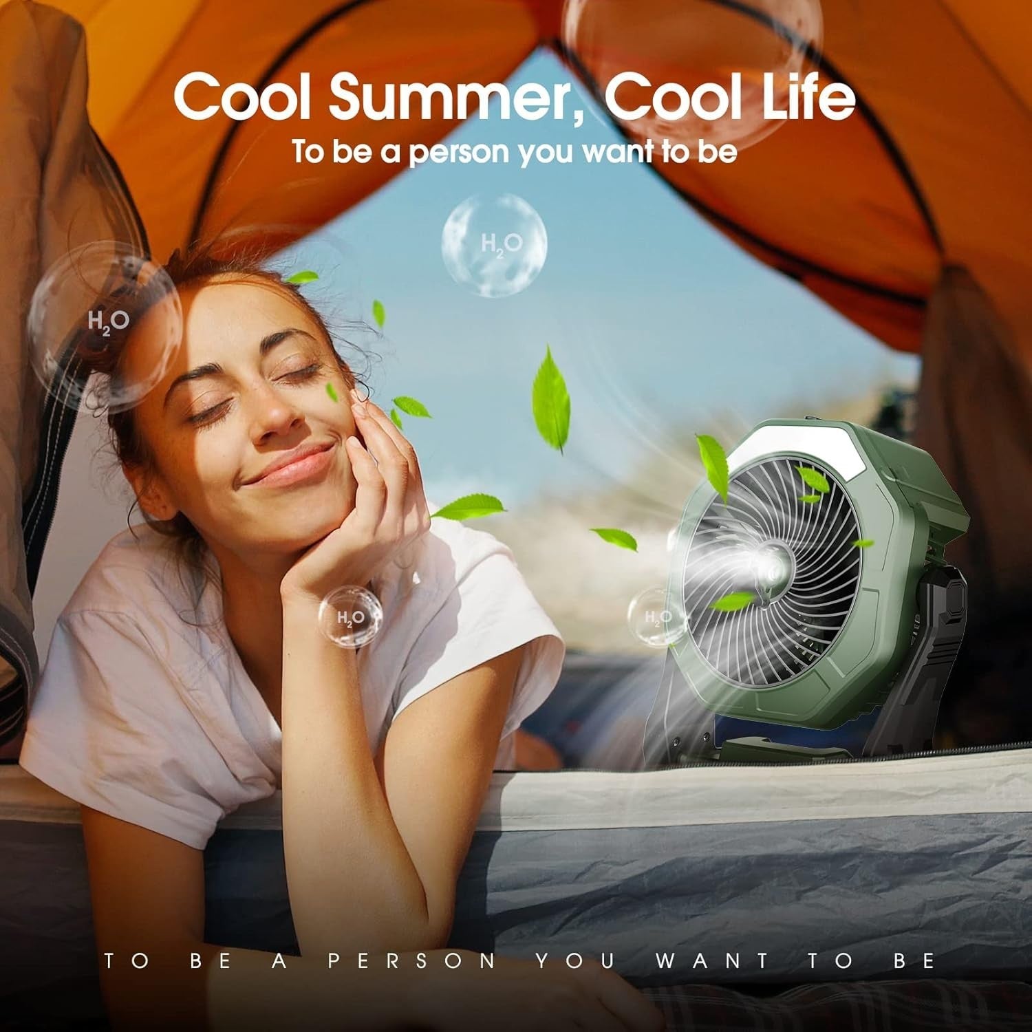 Green 8" Portable Misting Fan – 10000mAh Rechargeable Cooling Fan w/ LED Light