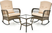 3-Piece Rattan Patio Bistro Set with Cushioned Rocking Chairs & Glass Table