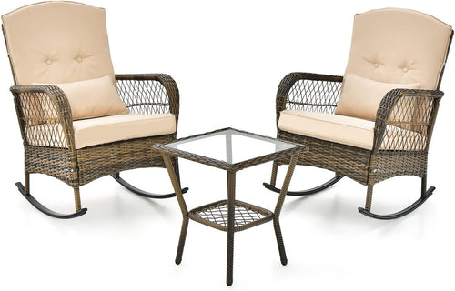 3-Piece Rattan Patio Bistro Set with Cushioned Rocking Chairs & Glass Table