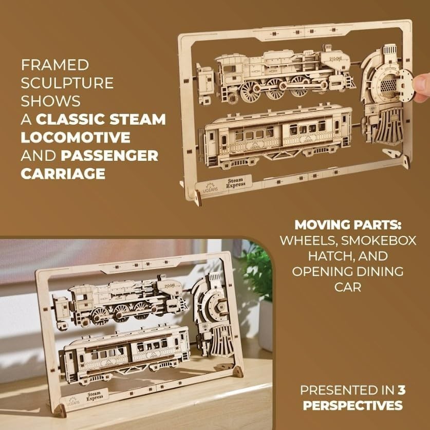 Wooden 3D Steam Train Puzzle Kit with Movable Wheels – DIY Decor