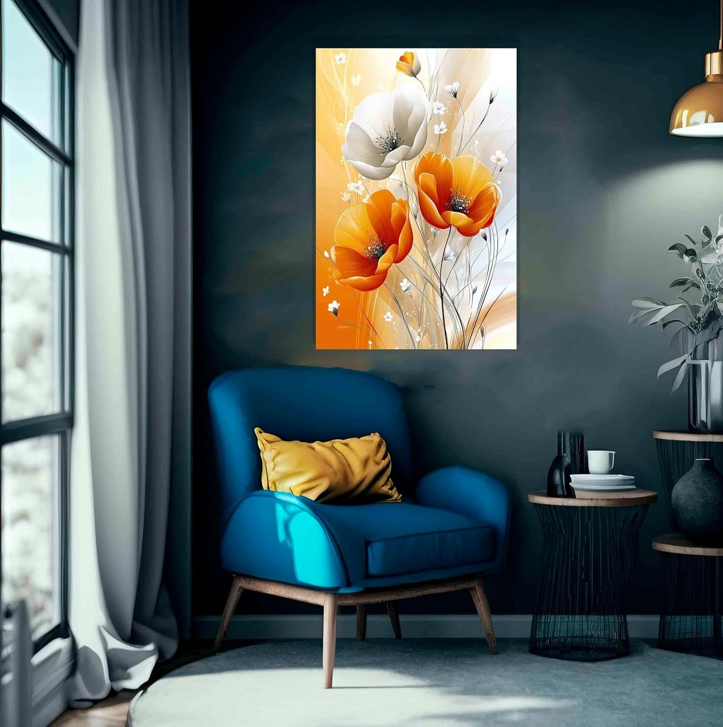 Abstract Orange White Flowers Framed Canvas Print 40x30 cm Modern Art