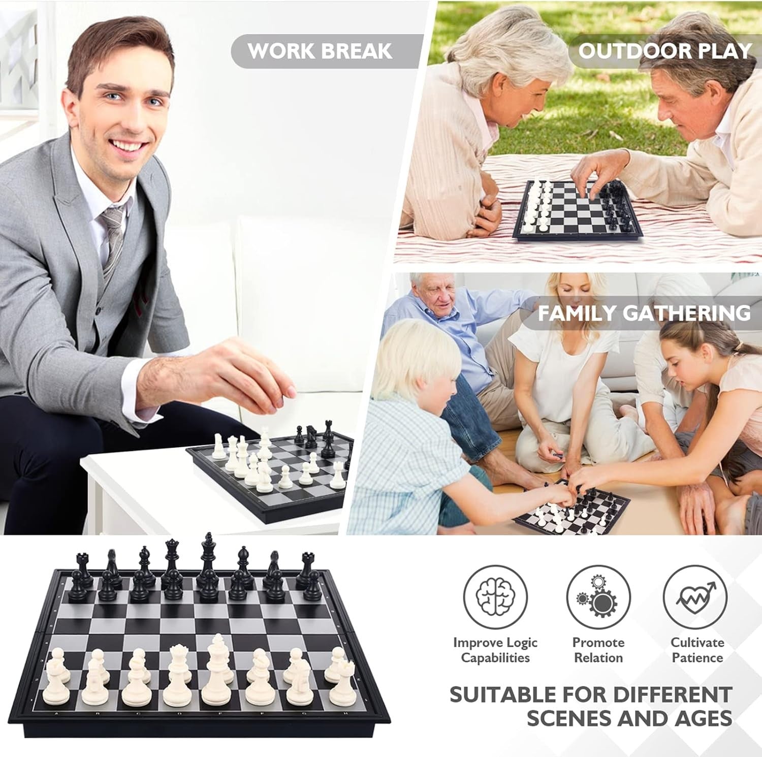 Portable Magnetic Travel Chess Set Foldable Board Black White Pieces Kids Adults