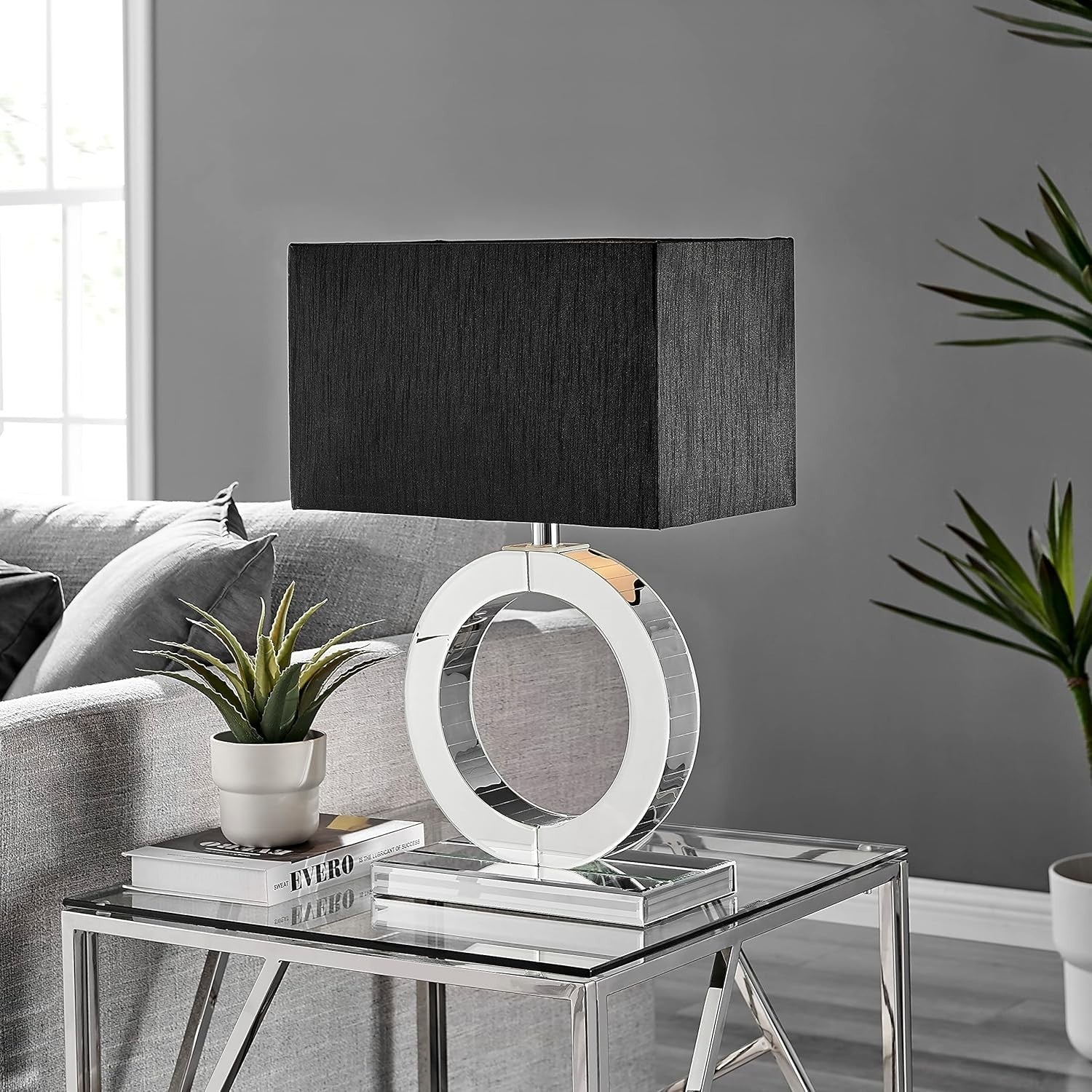 Luxury Table Lamp with Mirrored Base & Black Fabric Shade, E27 Bulb Included