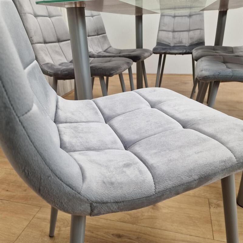 Glass Dining Table Set with 6 Grey Velvet Chairs Modern Kitchen 140cm
