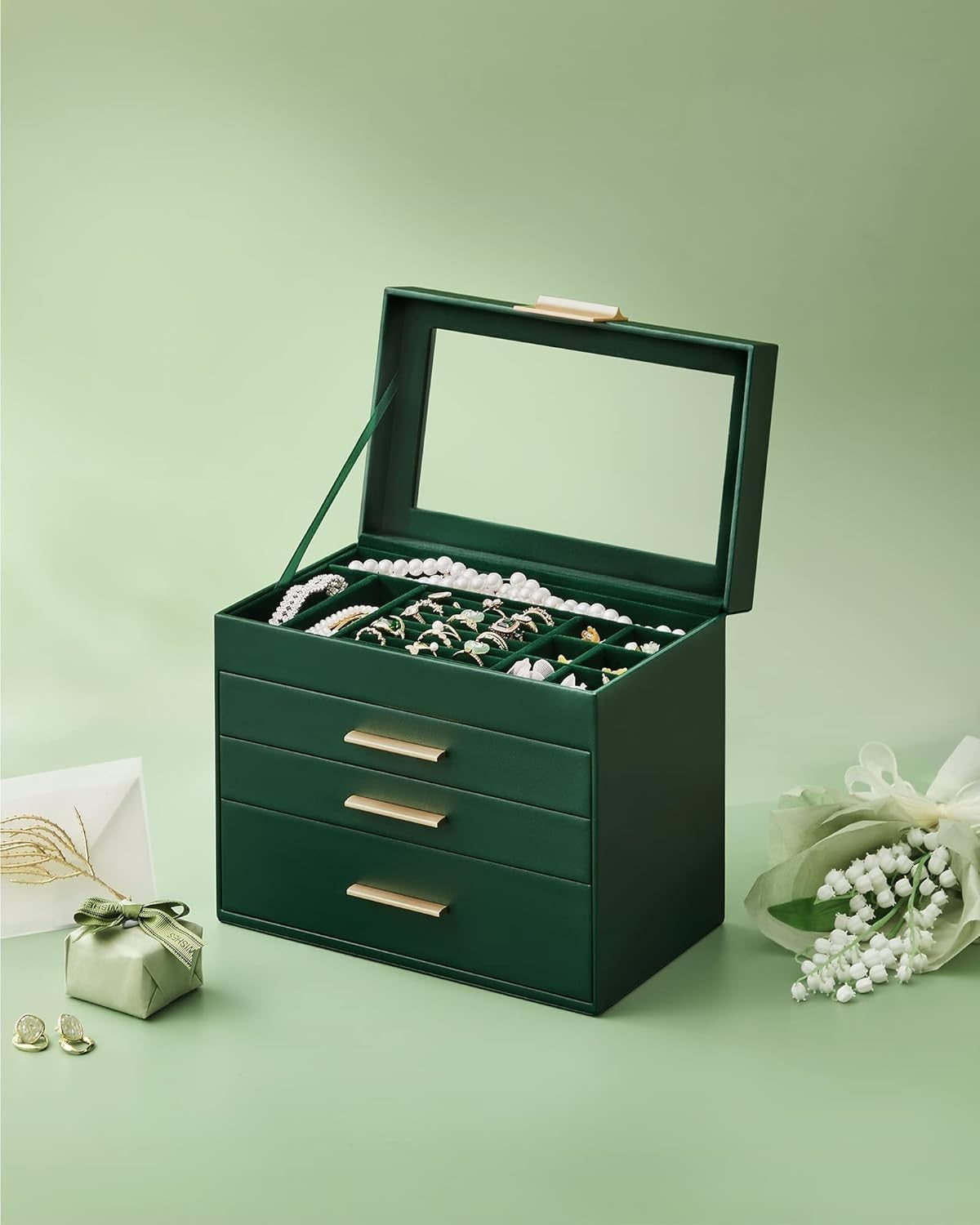 Forest Green Gold Jewellery Box Glass Lid 4 Layer Organizer with Drawers