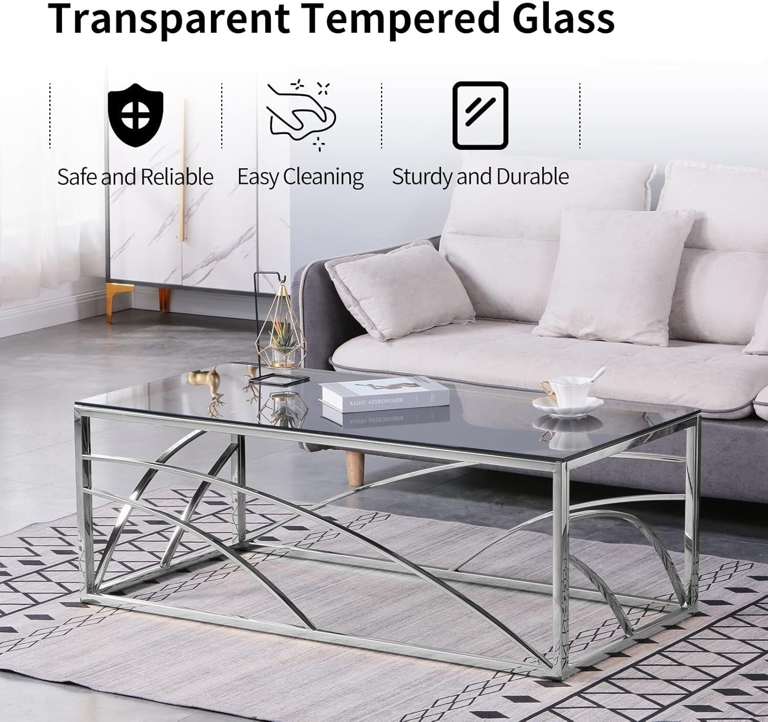 Modern Chrome Glass Coffee Table 120cm – Stylish Rectangle Centerpiece for Livin
