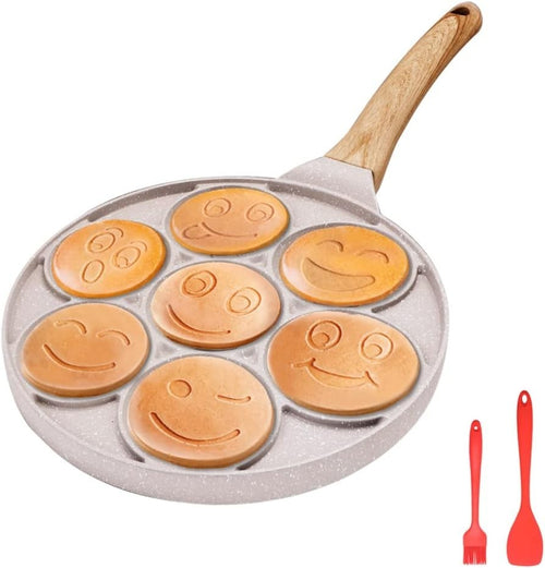 Smiley Face Pancake Pan 26cm White Non Stick 7 Hole Mini Pancake Maker Induction