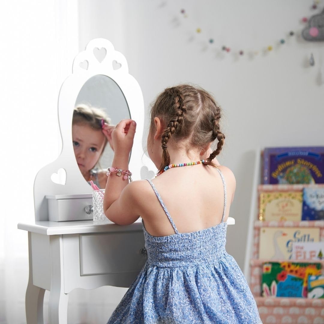 Kids White Wooden Dressing Table with Mirror & Stool Girls Vanity Set 3-7yrs