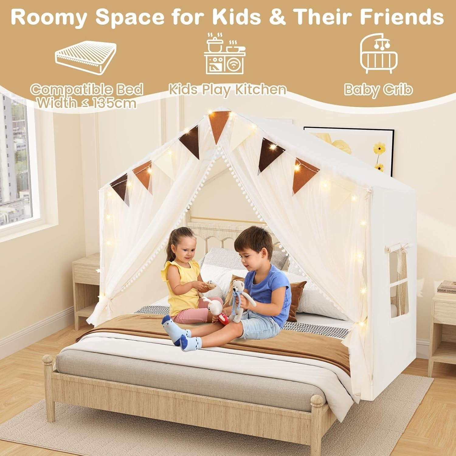 Large Kids Play Tent Castle Indoor w Star Lights Mat Windows Playhouse