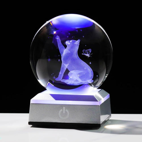 3D Crystal Cat & Butterfly LED Light Ball 80mm Glass Ornament Gift for Cat Lover