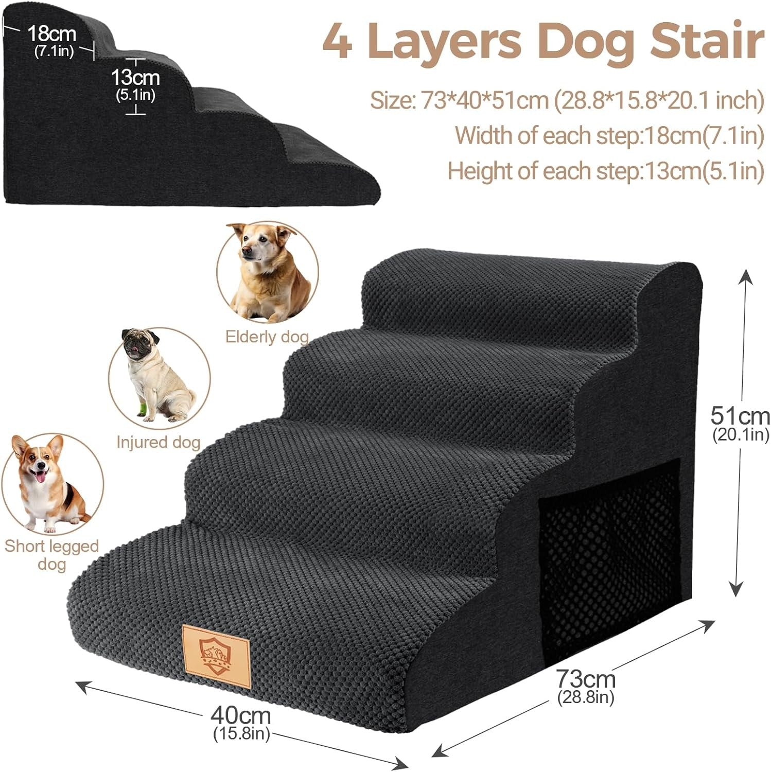 4 Step Dog Stairs Ramp for Bed Sofa Non Slip Washable Black 73x40x51cm