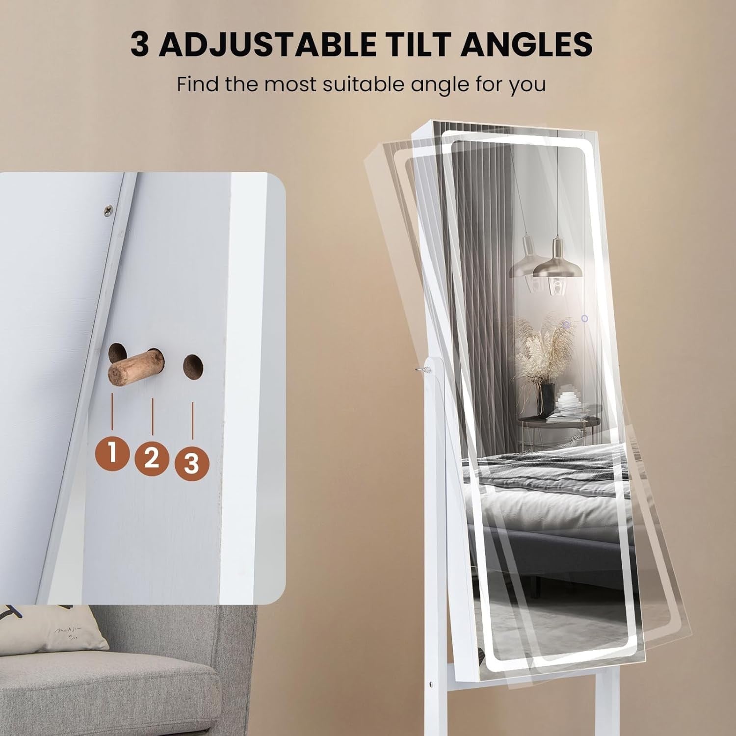 White LED Jewellery Cabinet Full Length Mirror Adjustable Lockable Storage