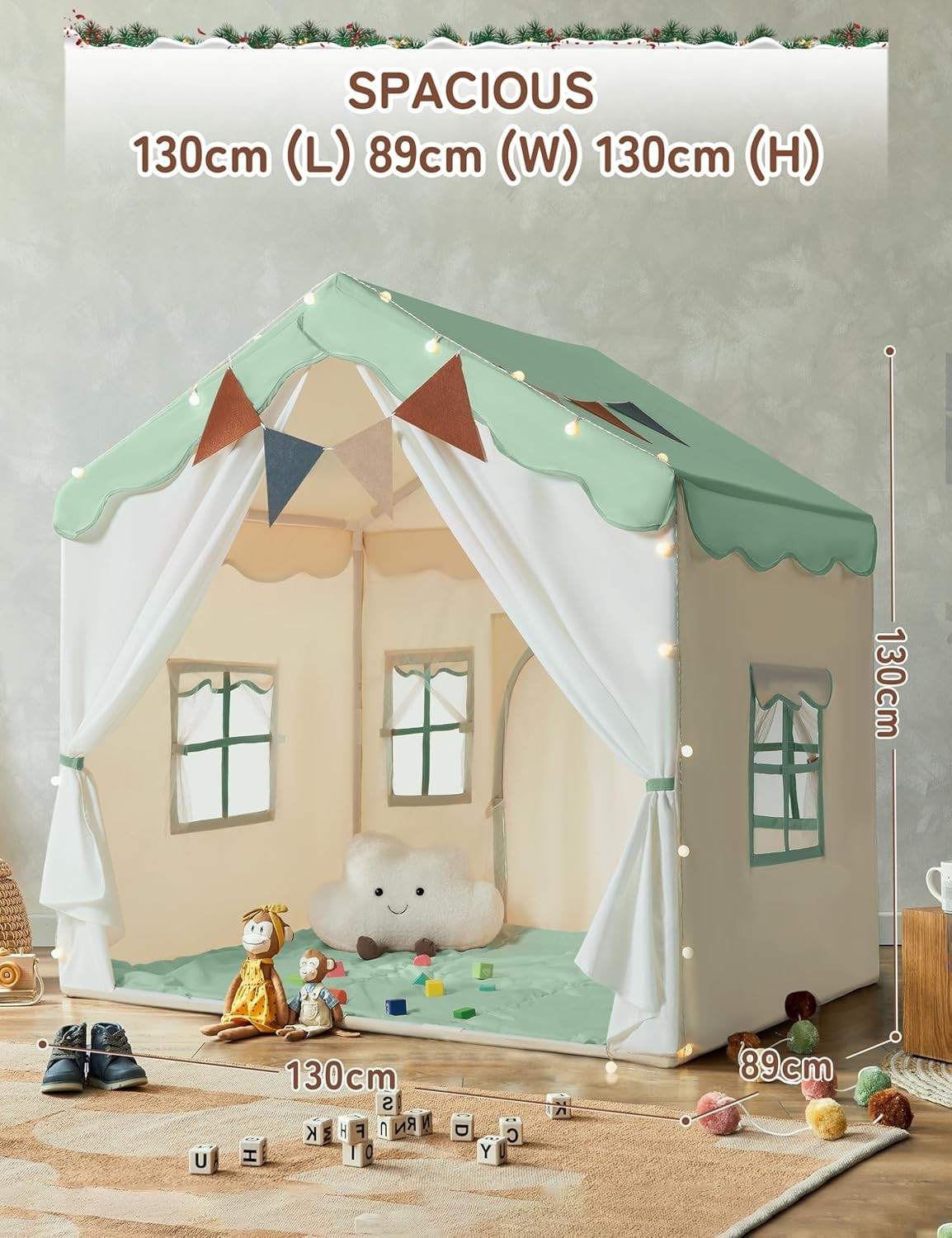 Kids 2in1 Playhouse Tent Bed Canopy with Lights Padded Indoor Green