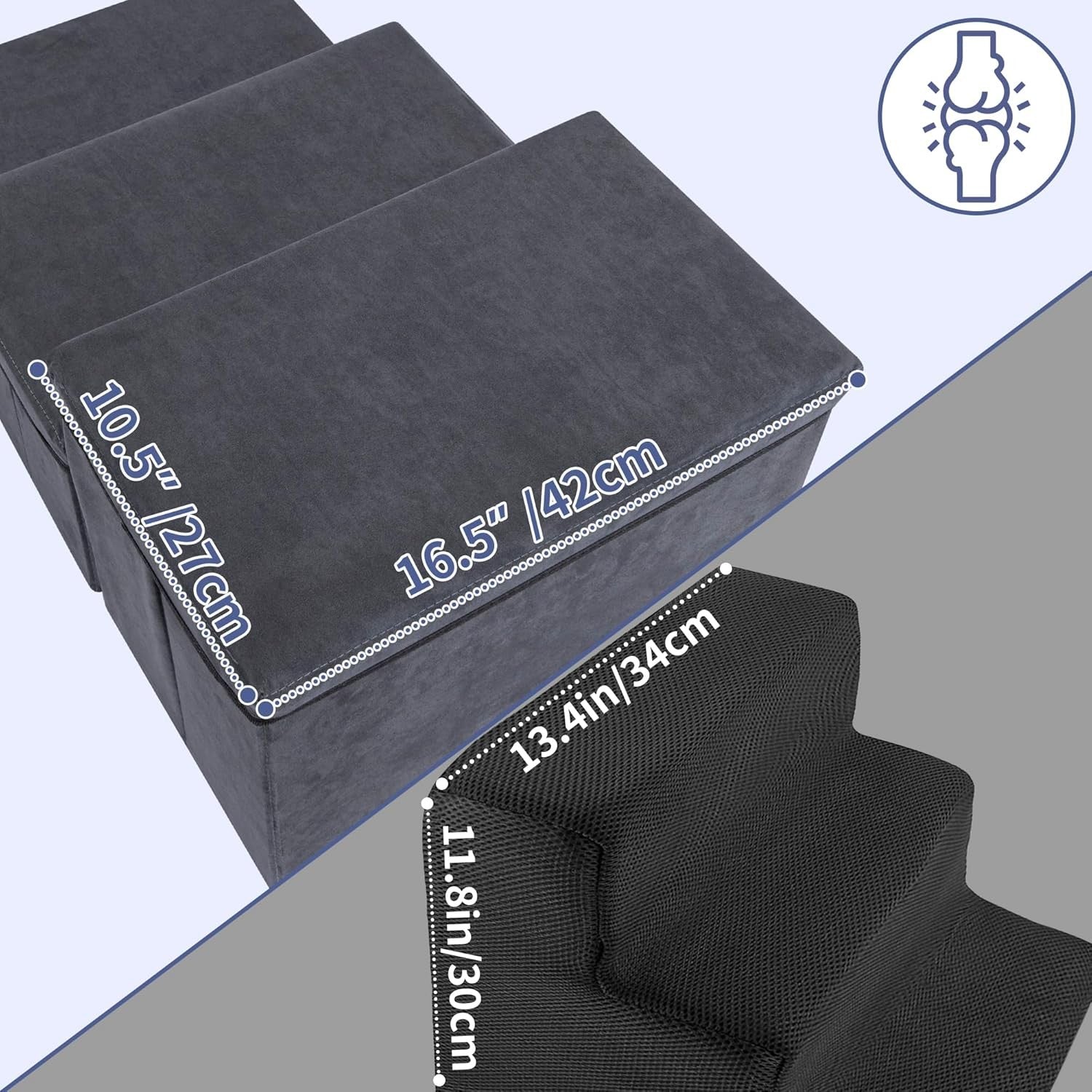 Dark Grey 3 Step Pet Stairs with Storage Extra Wide Foldable