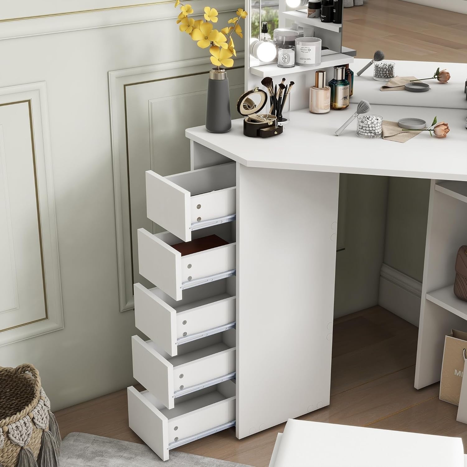 Corner Vanity Dressing Table 3 Fold Mirror 10 LED Lights 5 Drawers White/Black