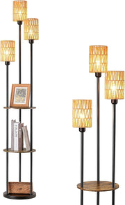 3-Light Boho Floor Lamp with Shelves & Rope Shades, Warm LED Lighting