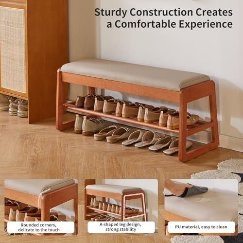 Extra-Large 100cm Cherry Wood Shoe Storage Bench with Flip-Top & Cushion Seat