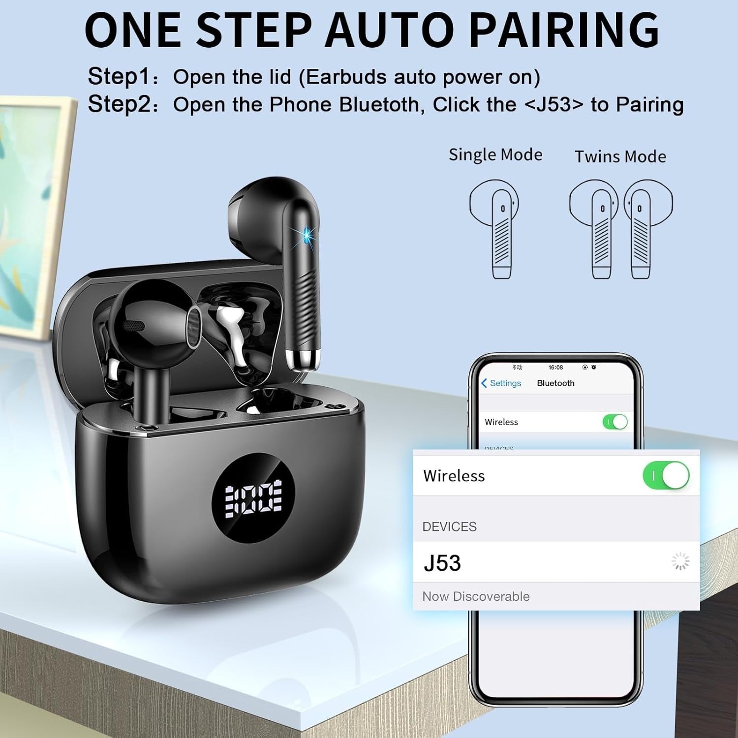 Bluetooth 5.4 Wireless Earbuds 3D Bass ENC Mic 40H Playtime IP7 Waterproof