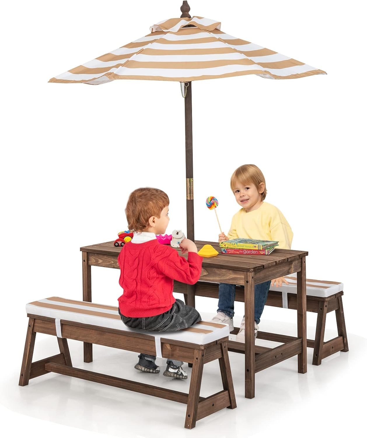 Kids Wooden Picnic Table Bench Set w/ Umbrella & Cushions Outdoor Indoor