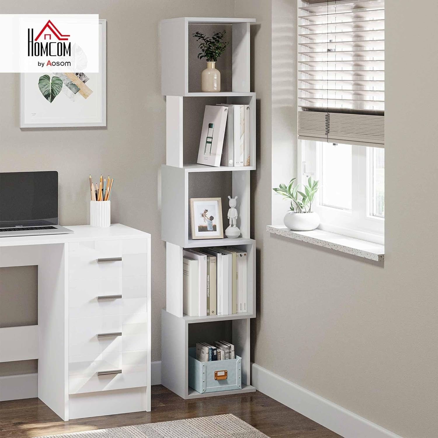 Modern 5-Tier Bookcase Storage Unit with Open Shelves – White & Light Grey