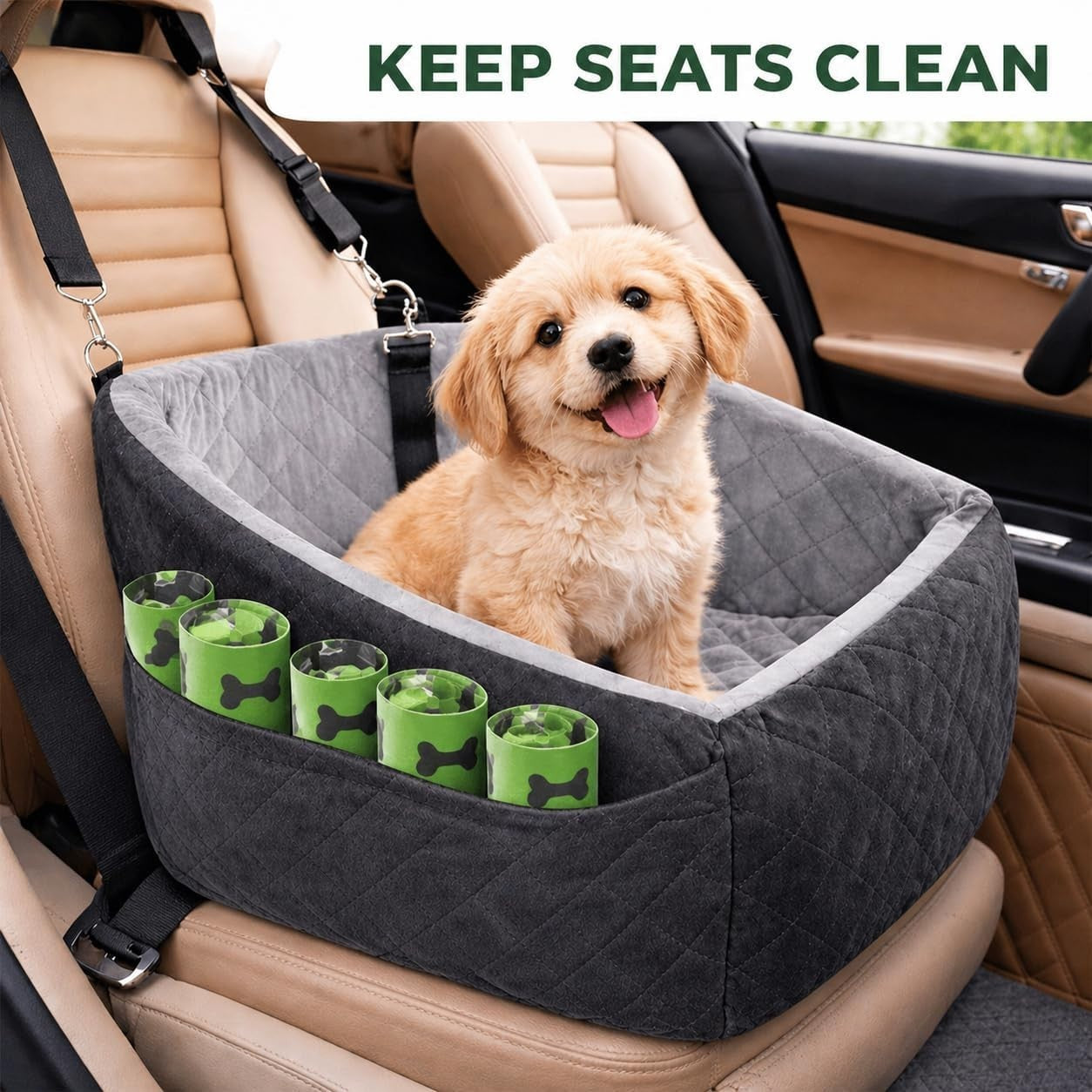 Dog Car Seat Booster Bed Memory Foam Travel Carrier Safety Leash 50cm