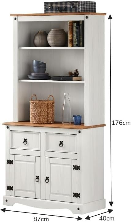 White Wax Buffet Hutch Small Sideboard 2 Doors 2 Drawers 176H