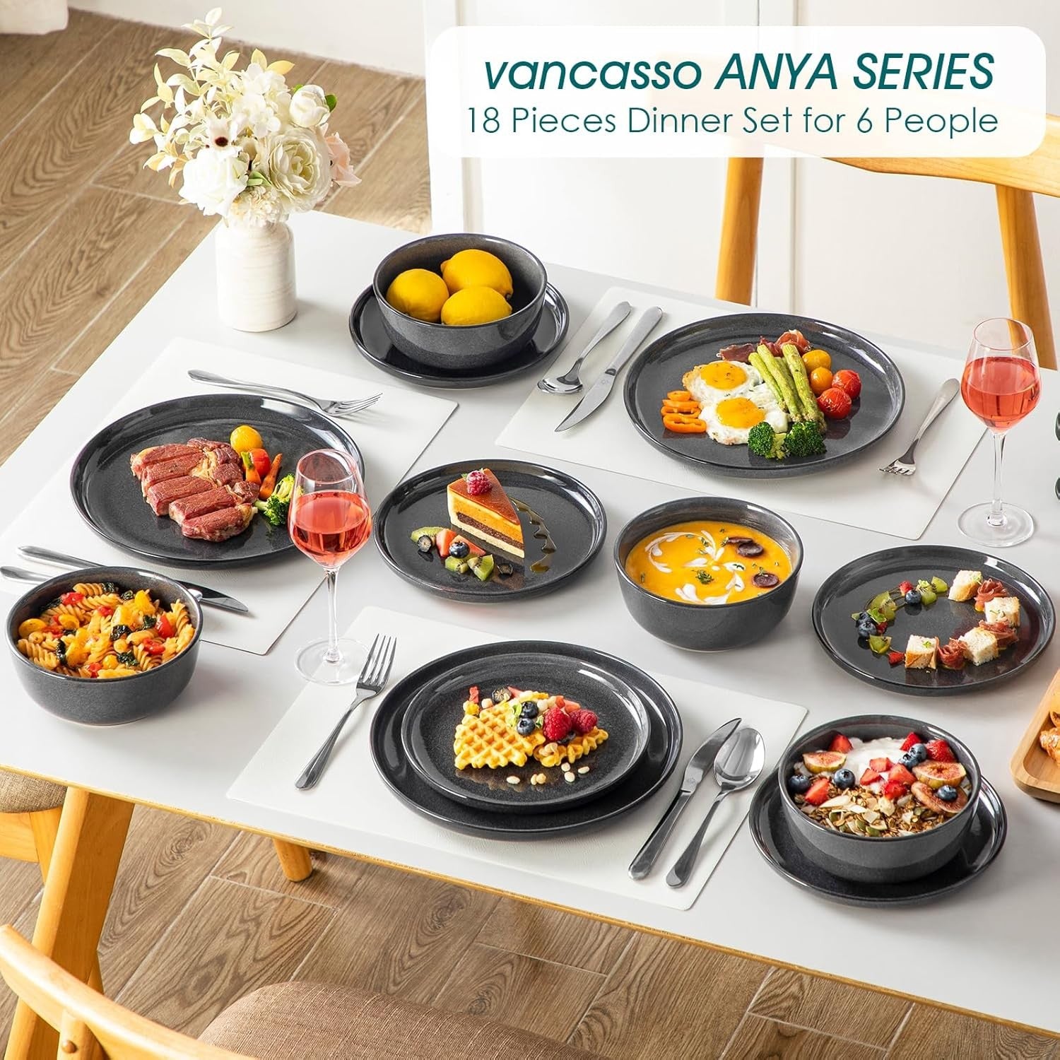 18pc Ceramic Dinner Set Grey Plates Bowls Microwave Dishwasher Safe
