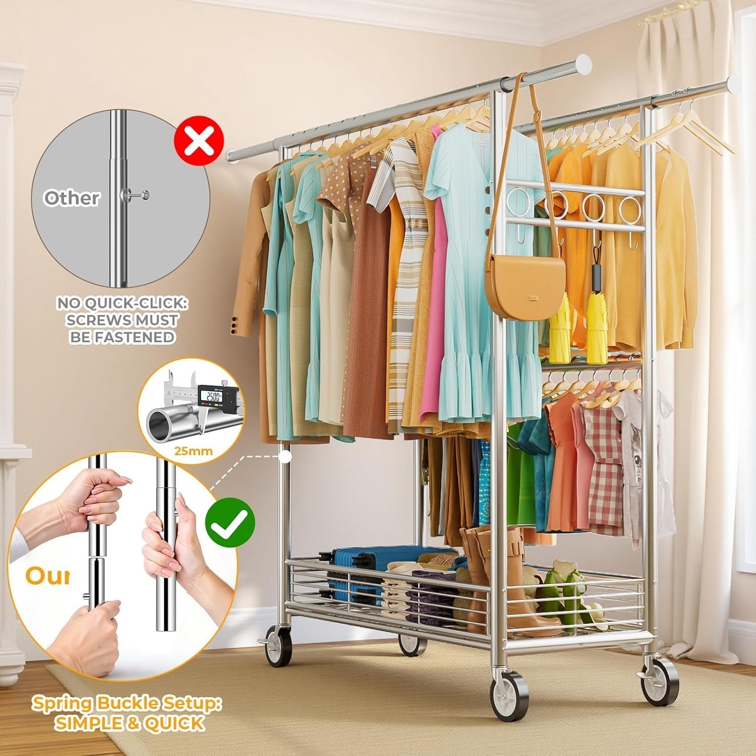 Heavy Duty Extendable Clothes Rail with Wheels, Storage Basket & 3 Hanging Rods