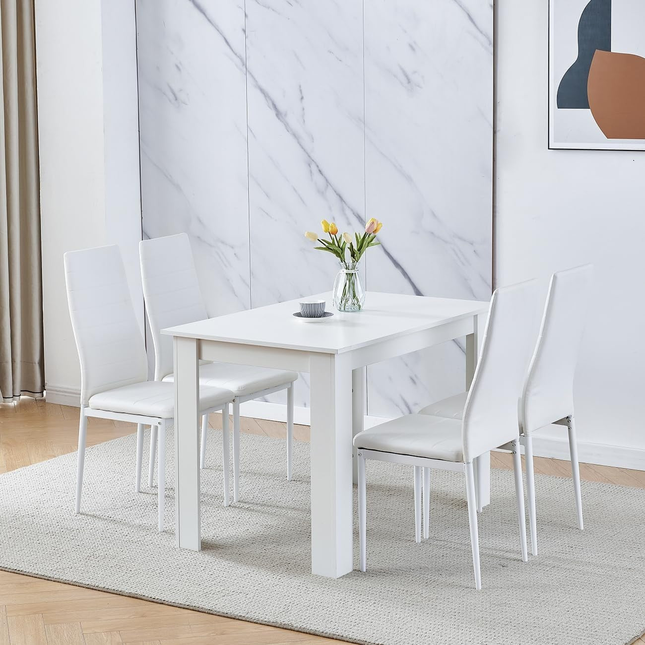 110cm White Dining Table Set + 4 Faux Leather Chairs Modern Kitchen