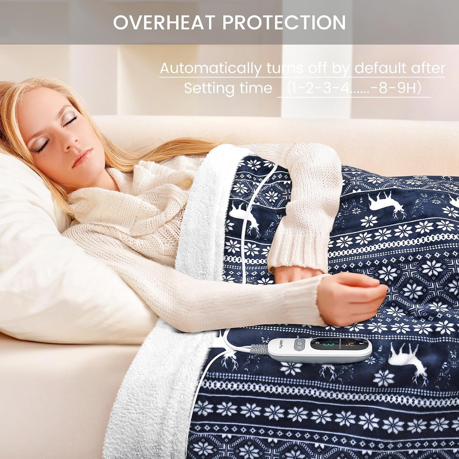 Double Electric Heated Blanket Fast Heat 9 Levels Timer Washable Fleece Throw